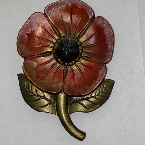 Vintage 1968 Jamar Mallory Studio Red Gold Ceramic Flower Wall Hanging Decor - Picture 1 of 9